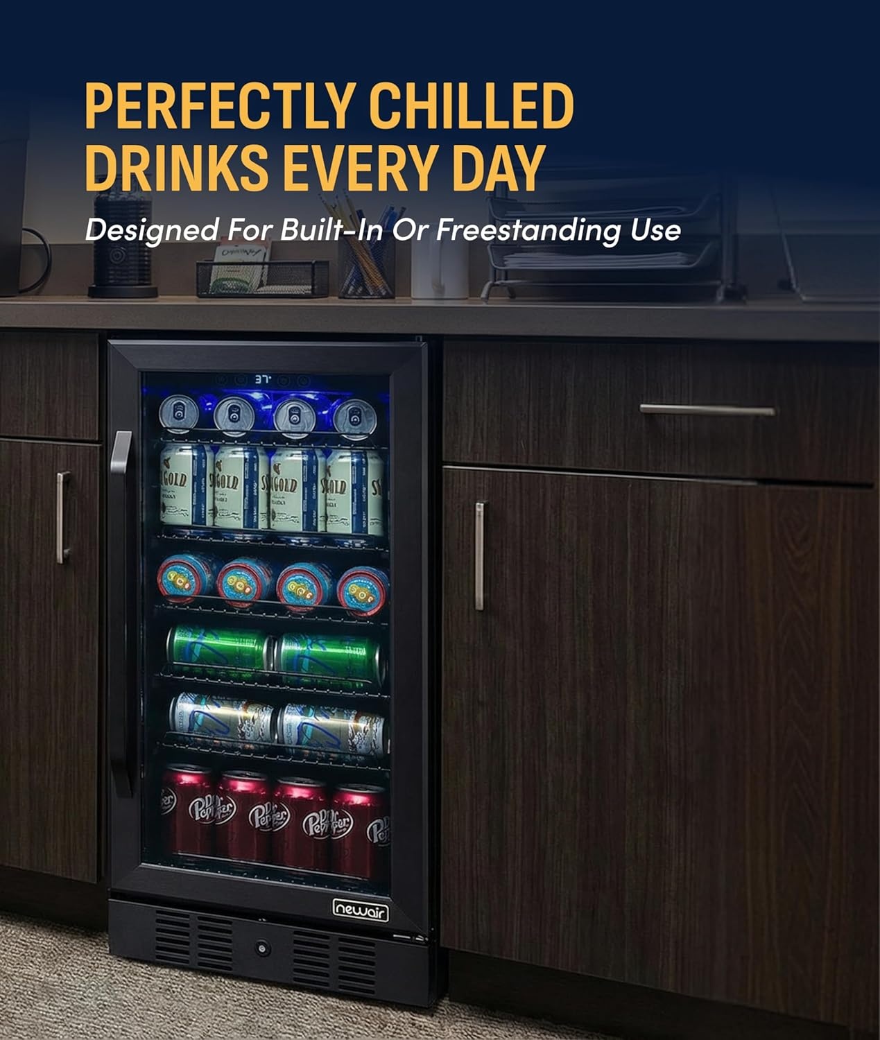 image:imageNewAir 96 Can BuiltIn Beverage Refrigerator 15 Small Mini Fridge for Bedroom Home Bar or Office Quiet Cooling amp Precise Temperature Control Black Stainless Steel