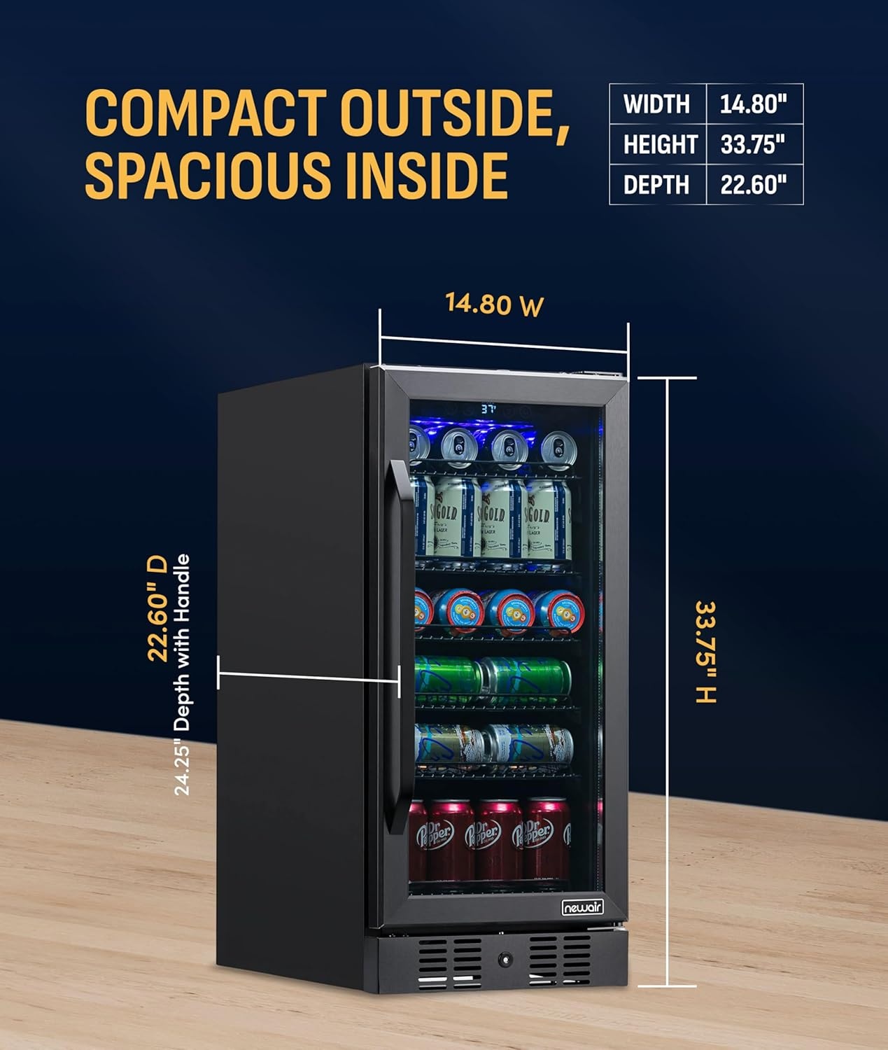 image:imageNewAir 96 Can BuiltIn Beverage Refrigerator 15 Small Mini Fridge for Bedroom Home Bar or Office Quiet Cooling amp Precise Temperature Control Black Stainless Steel