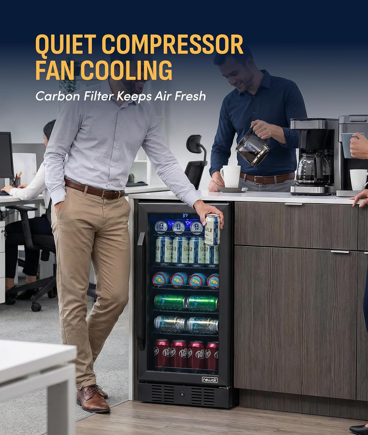 image:imageNewAir 96 Can BuiltIn Beverage Refrigerator 15 Small Mini Fridge for Bedroom Home Bar or Office Quiet Cooling amp Precise Temperature Control Black Stainless Steel