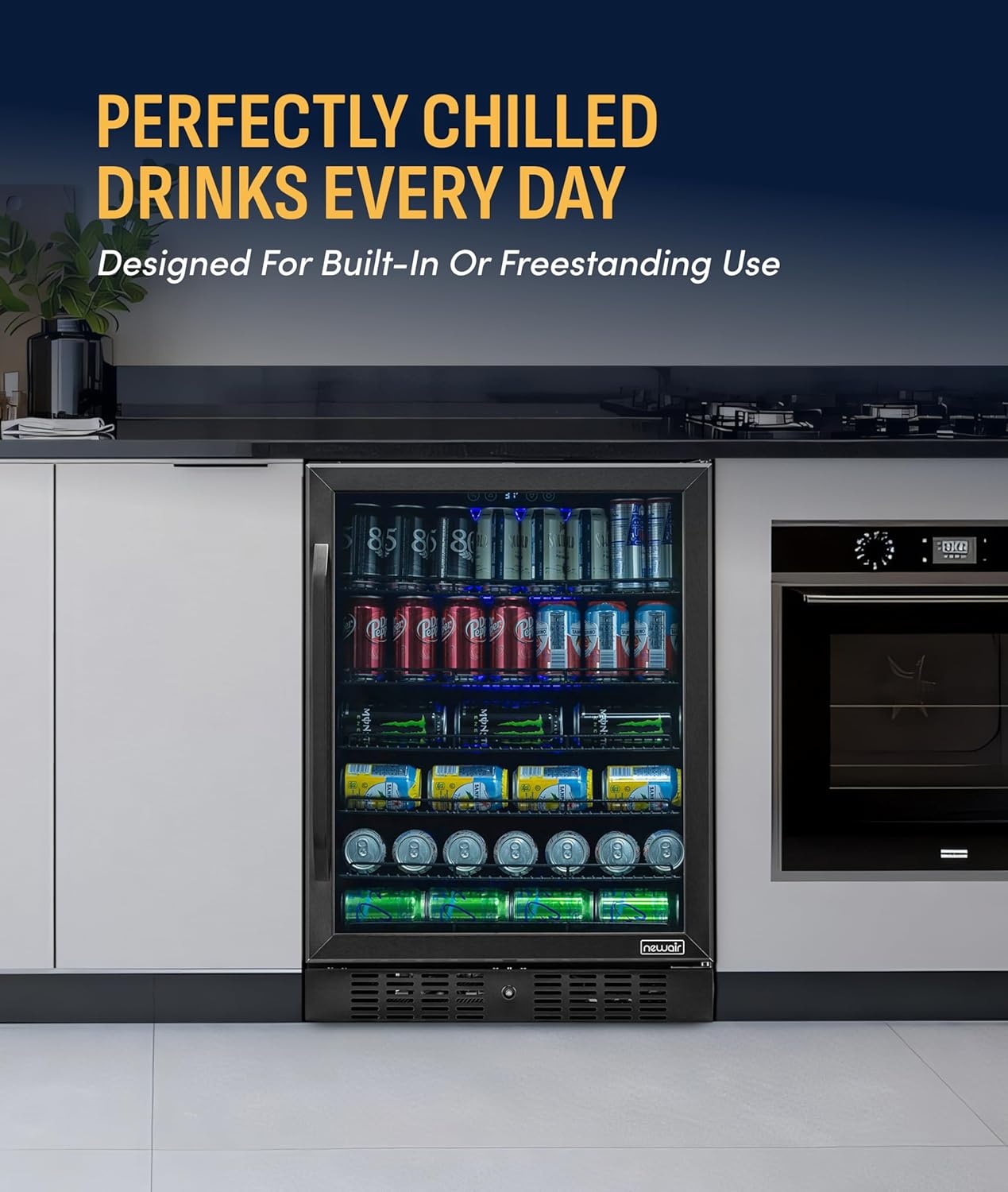 image:imageNewAir Beverage Refrigerator with Glass Door 177 Can Mini Fridge for Bedroom Dorm Office or Gaming Setup Soda Beer and Wine Cooler Black Stainless SteelBlack Stainless Steel