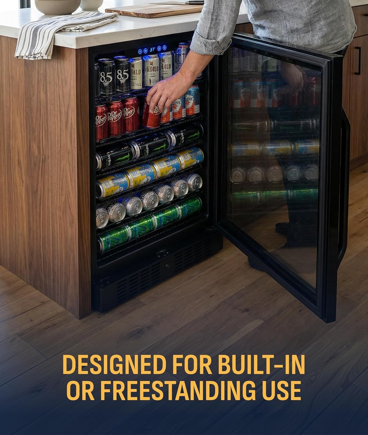 image:imageNewAir Beverage Refrigerator with Glass Door 177 Can Mini Fridge for Bedroom Dorm Office or Gaming Setup Soda Beer and Wine Cooler Black Stainless SteelBlack Stainless Steel