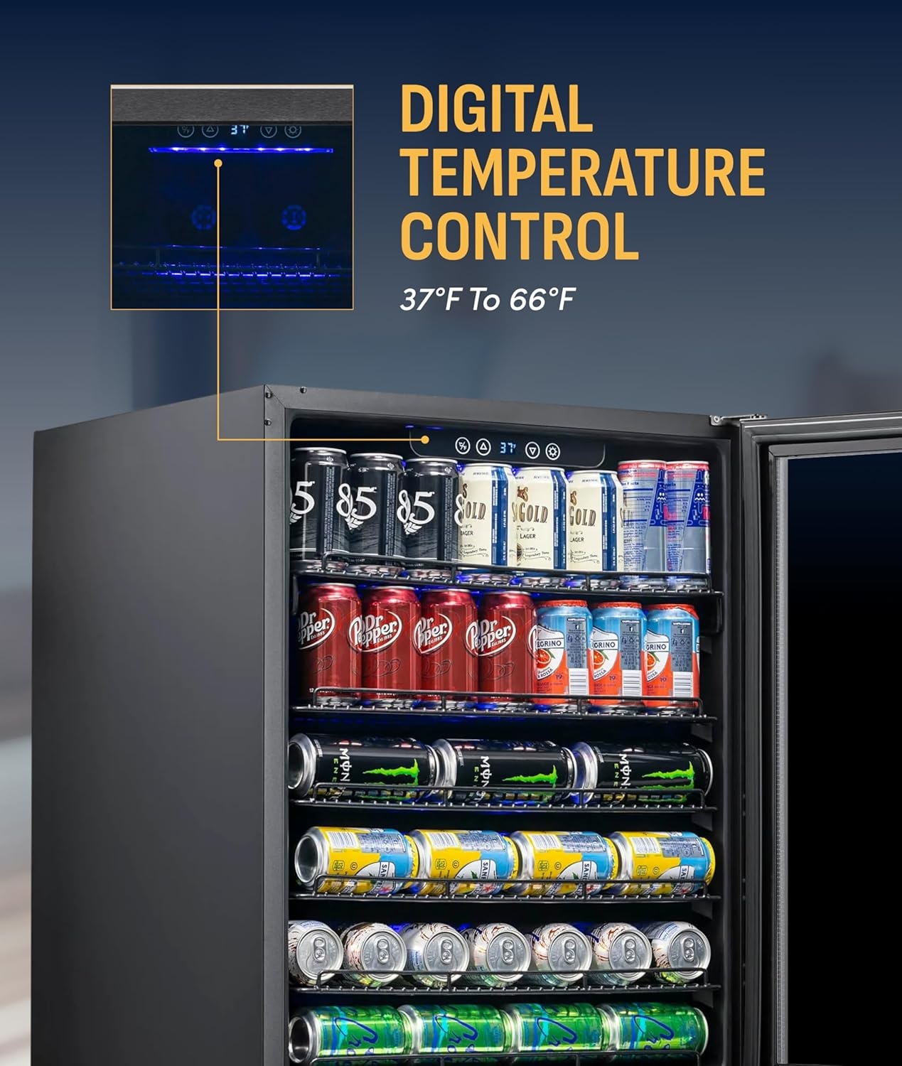 image:imageNewAir Beverage Refrigerator with Glass Door 177 Can Mini Fridge for Bedroom Dorm Office or Gaming Setup Soda Beer and Wine Cooler Black Stainless SteelBlack Stainless Steel