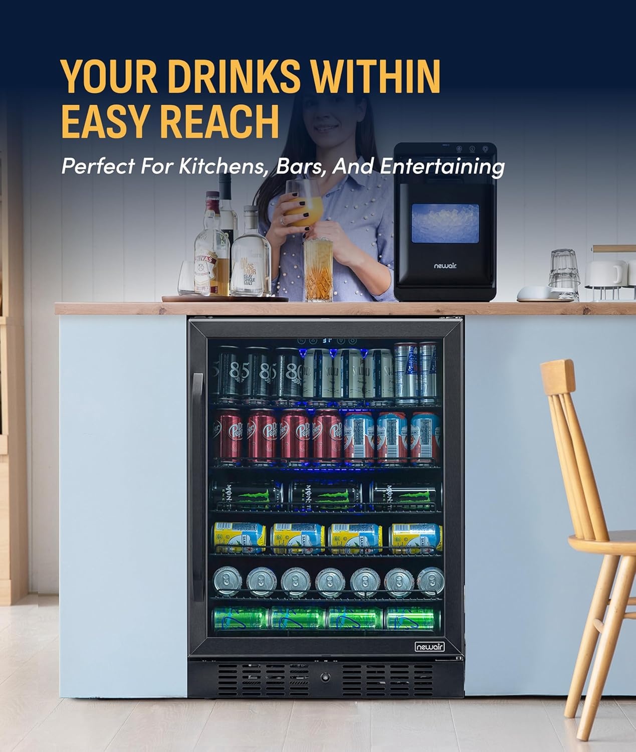 image:imageNewAir Beverage Refrigerator with Glass Door 177 Can Mini Fridge for Bedroom Dorm Office or Gaming Setup Soda Beer and Wine Cooler Black Stainless SteelBlack Stainless Steel