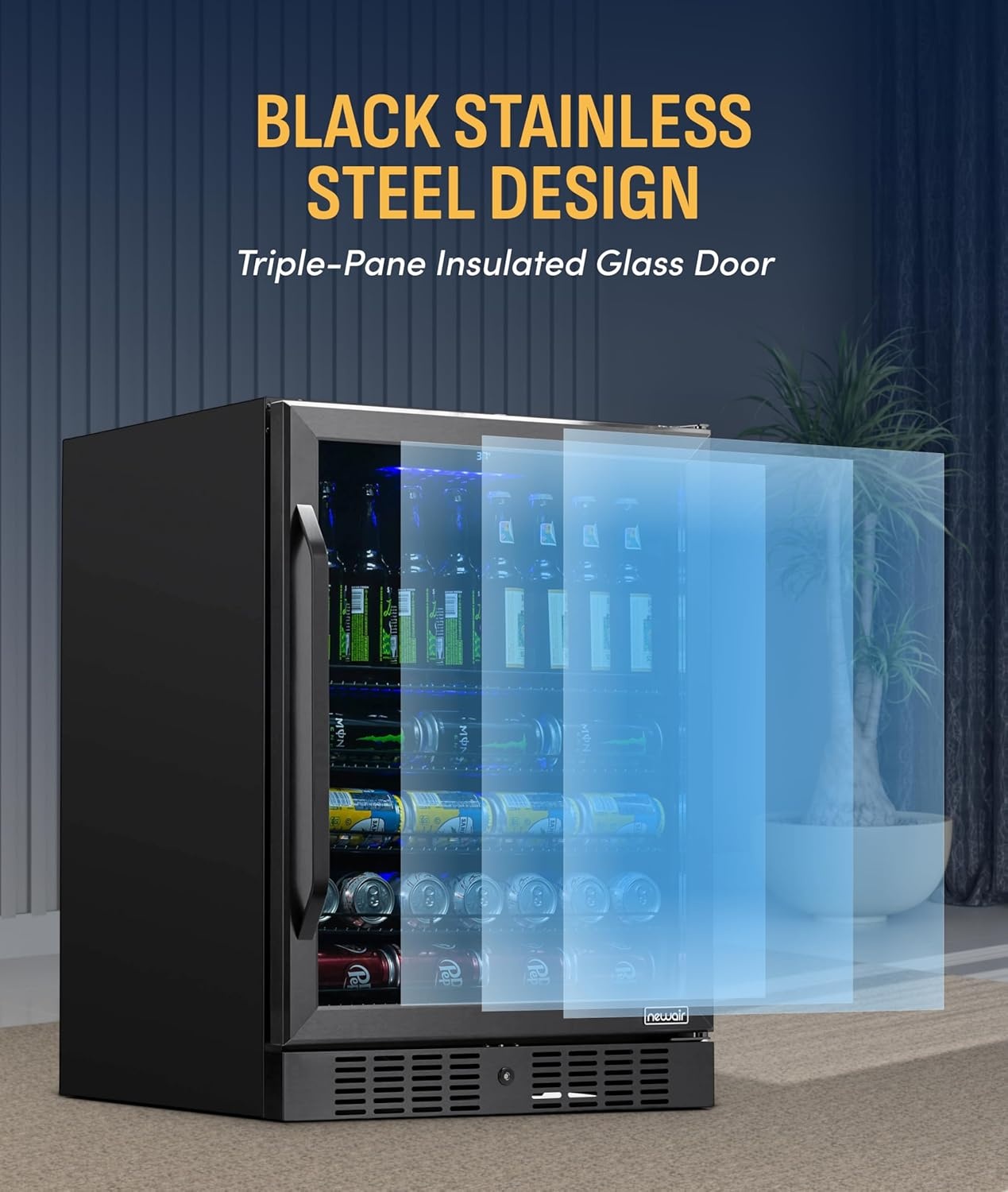 image:imageNewAir Beverage Refrigerator with Glass Door 177 Can Mini Fridge for Bedroom Dorm Office or Gaming Setup Soda Beer and Wine Cooler Black Stainless SteelBlack Stainless Steel