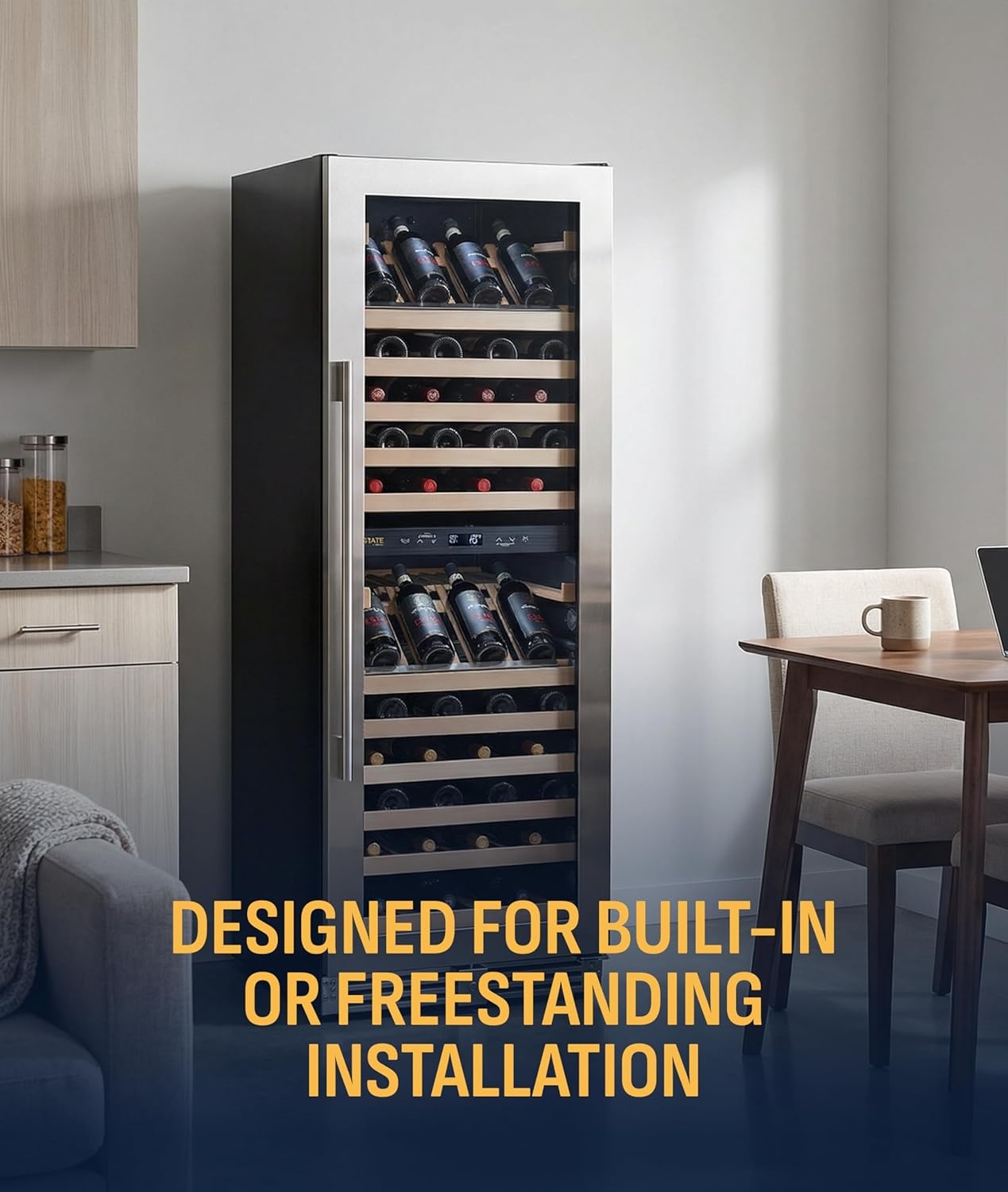 image:imageNewAir ESTATE Wine Fridge Dual Zone 160 Bottle Capacity Premium 24 inch Refrigerator with Display Shelves for Wines Professional BuiltinFreestanding Wine Cellars in Seamless Stainless SteelESTATE Stainless Steel