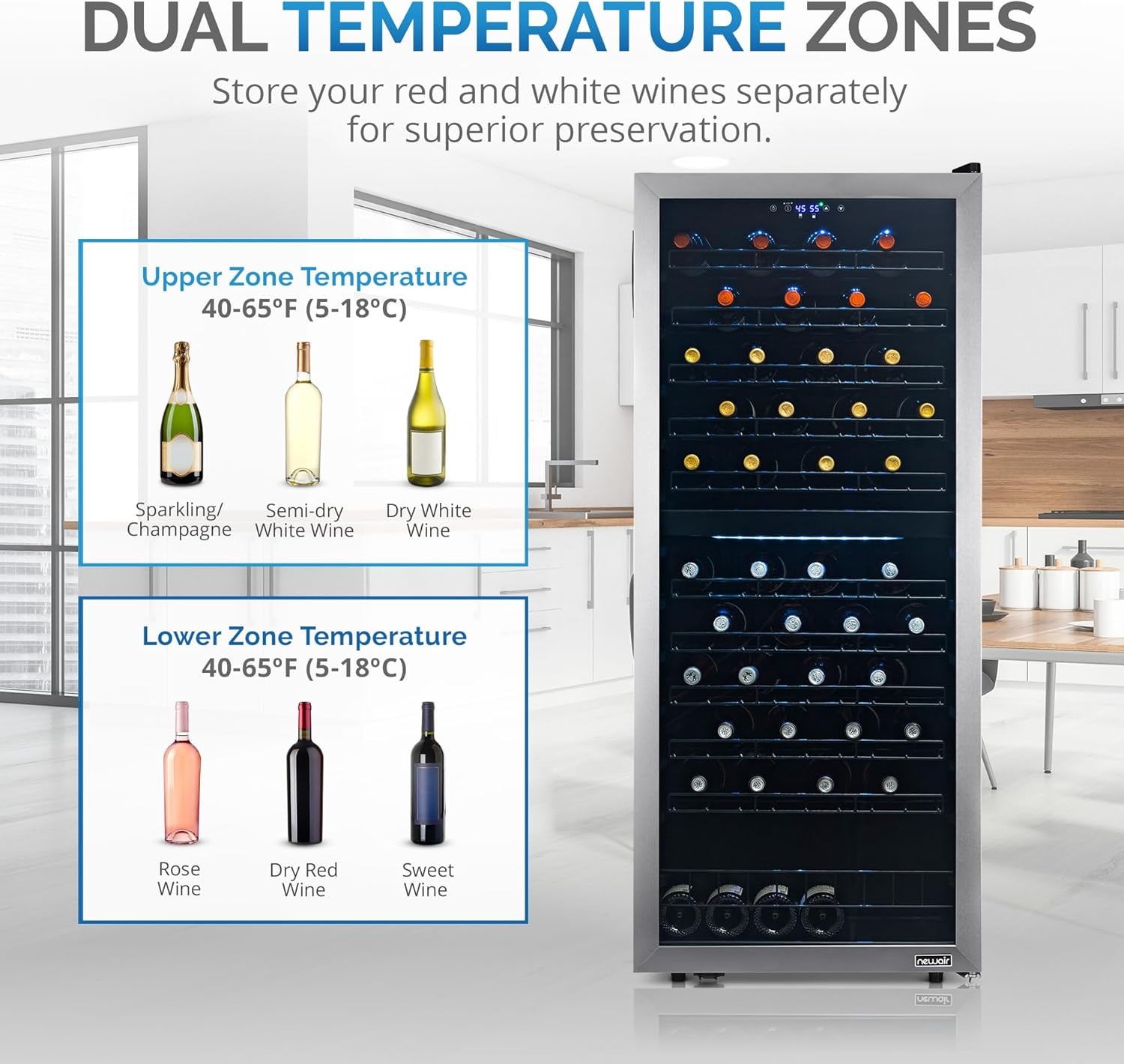 image:imageNewAir ESTATE Wine Fridge Dual Zone 160 Bottle Capacity Premium 24 inch Refrigerator with Display Shelves for Wines Professional BuiltinFreestanding Wine Cellars in Seamless Stainless SteelStainless Steel