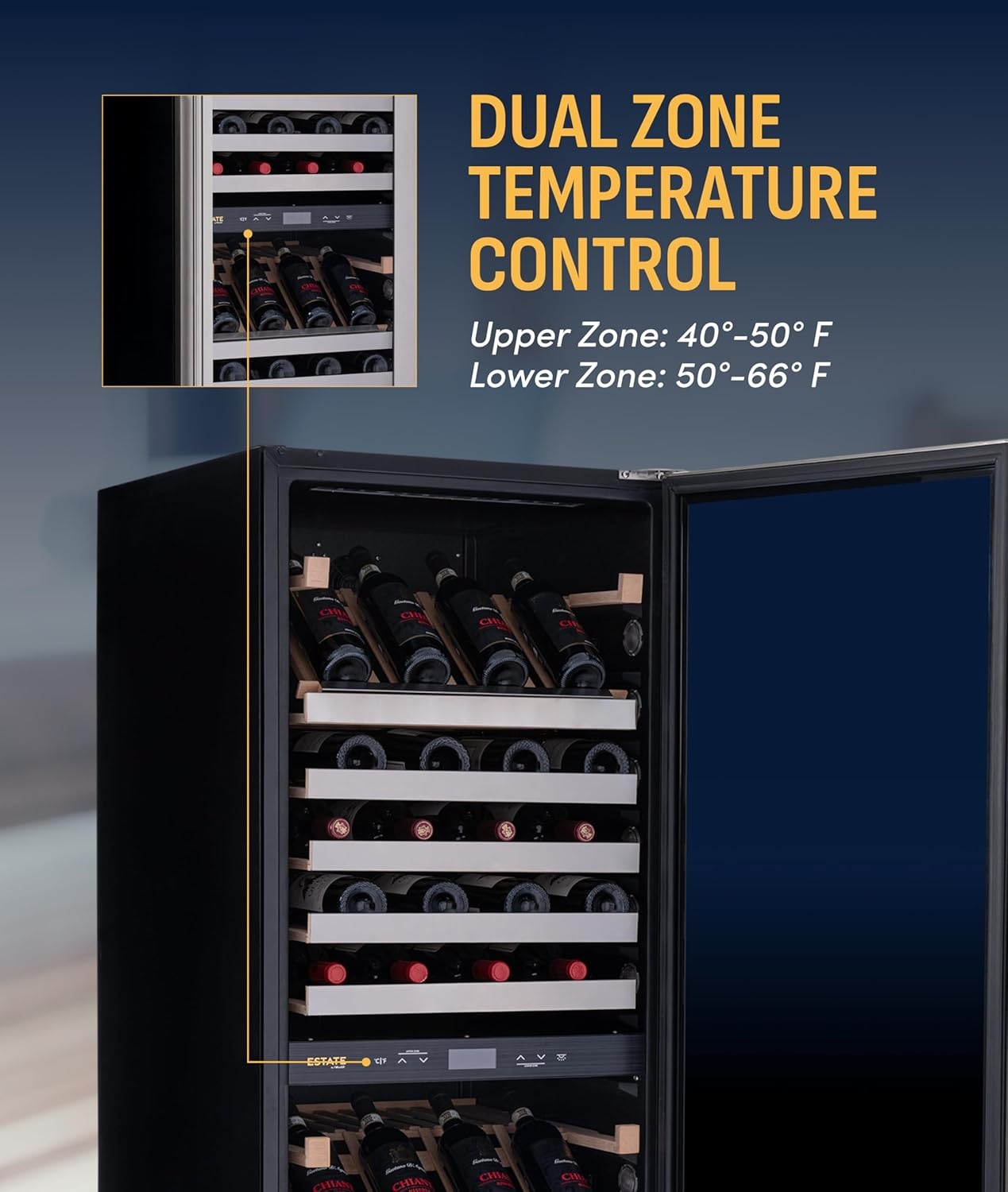 image:imageNewAir ESTATE Wine Fridge Dual Zone 160 Bottle Capacity Premium 24 inch Refrigerator with Display Shelves for Wines Professional BuiltinFreestanding Wine Cellars in Seamless Stainless SteelESTATE Stainless Steel