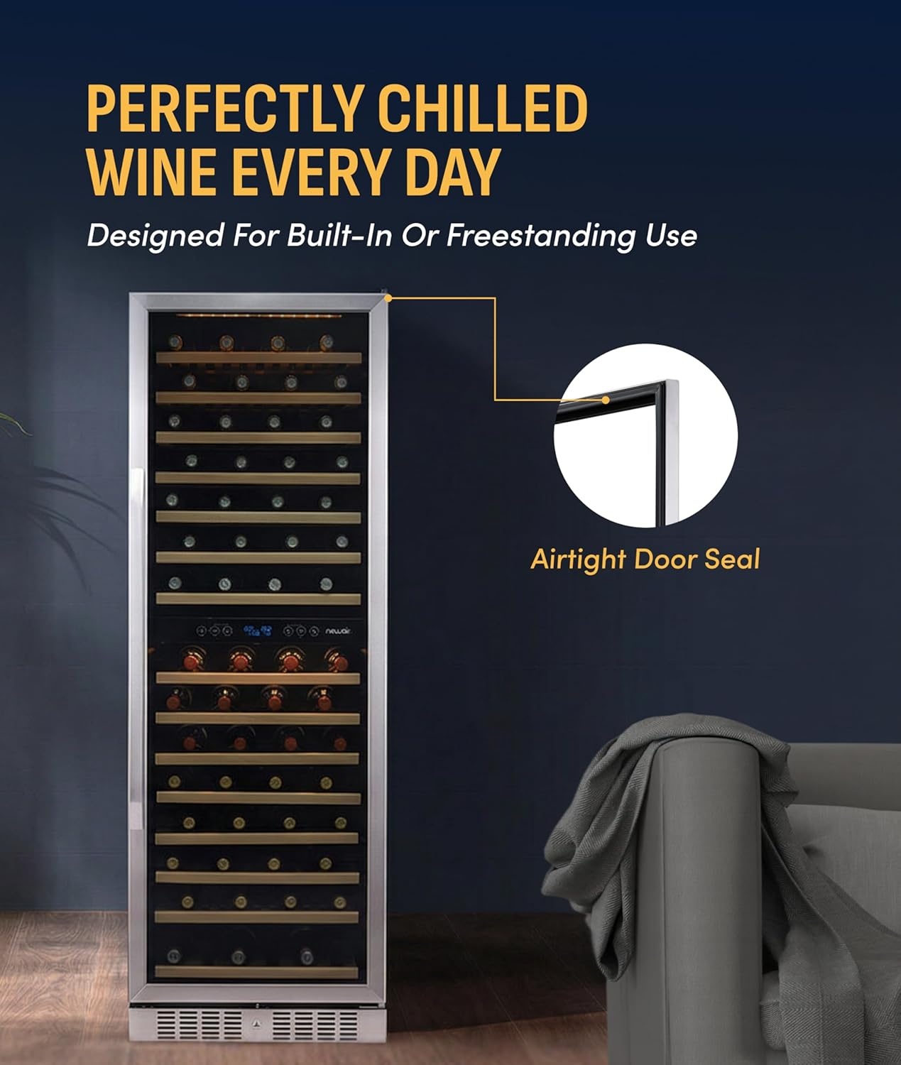 image:imageNewAir ESTATE Wine Fridge Dual Zone 160 Bottle Capacity Premium 24 inch Refrigerator with Display Shelves for Wines Professional BuiltinFreestanding Wine Cellars in Seamless Stainless SteelStainless Steel