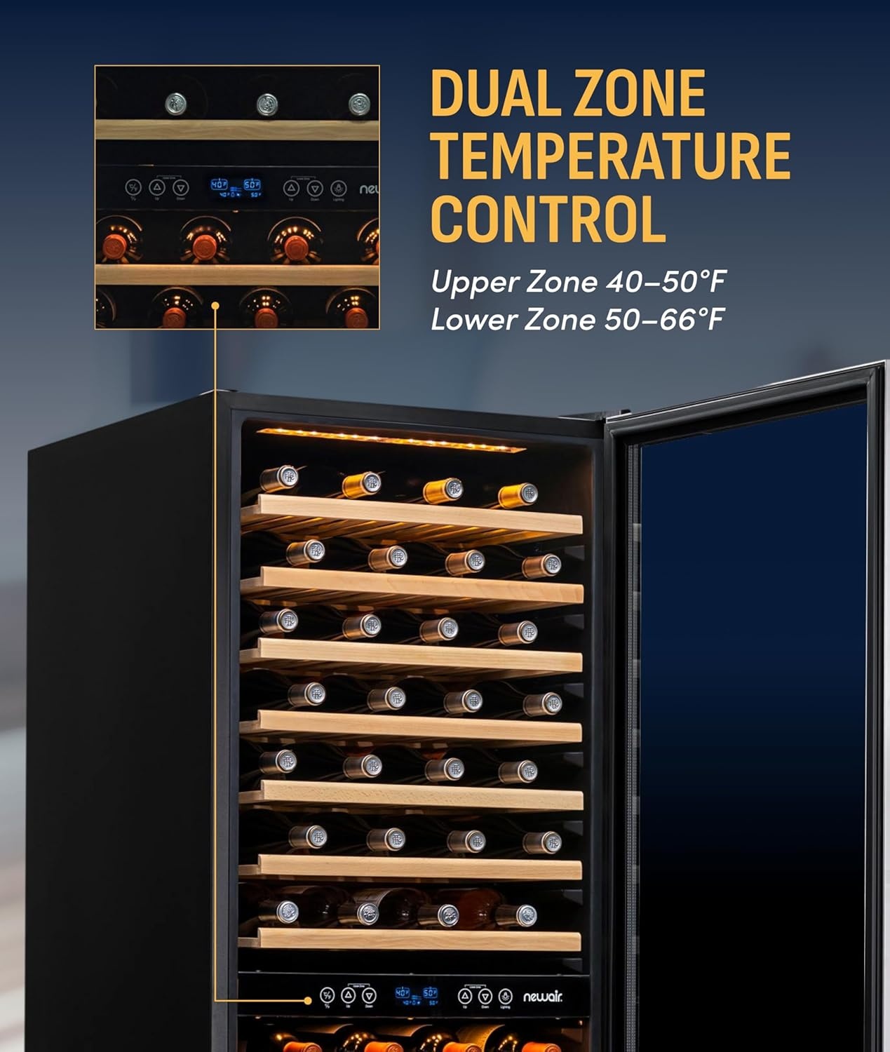 image:imageNewAir ESTATE Wine Fridge Dual Zone 160 Bottle Capacity Premium 24 inch Refrigerator with Display Shelves for Wines Professional BuiltinFreestanding Wine Cellars in Seamless Stainless SteelStainless Steel