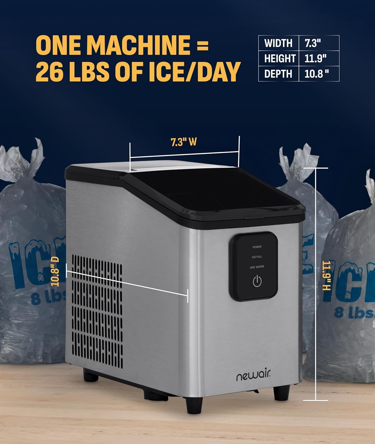 image:imageNewair Mini Bullet Ice Maker Countertop 26 lbsDay Portable Ice Machine SpaceSaving Ice Maker for Home Office amp RV Stainless SteelStainless Steel
