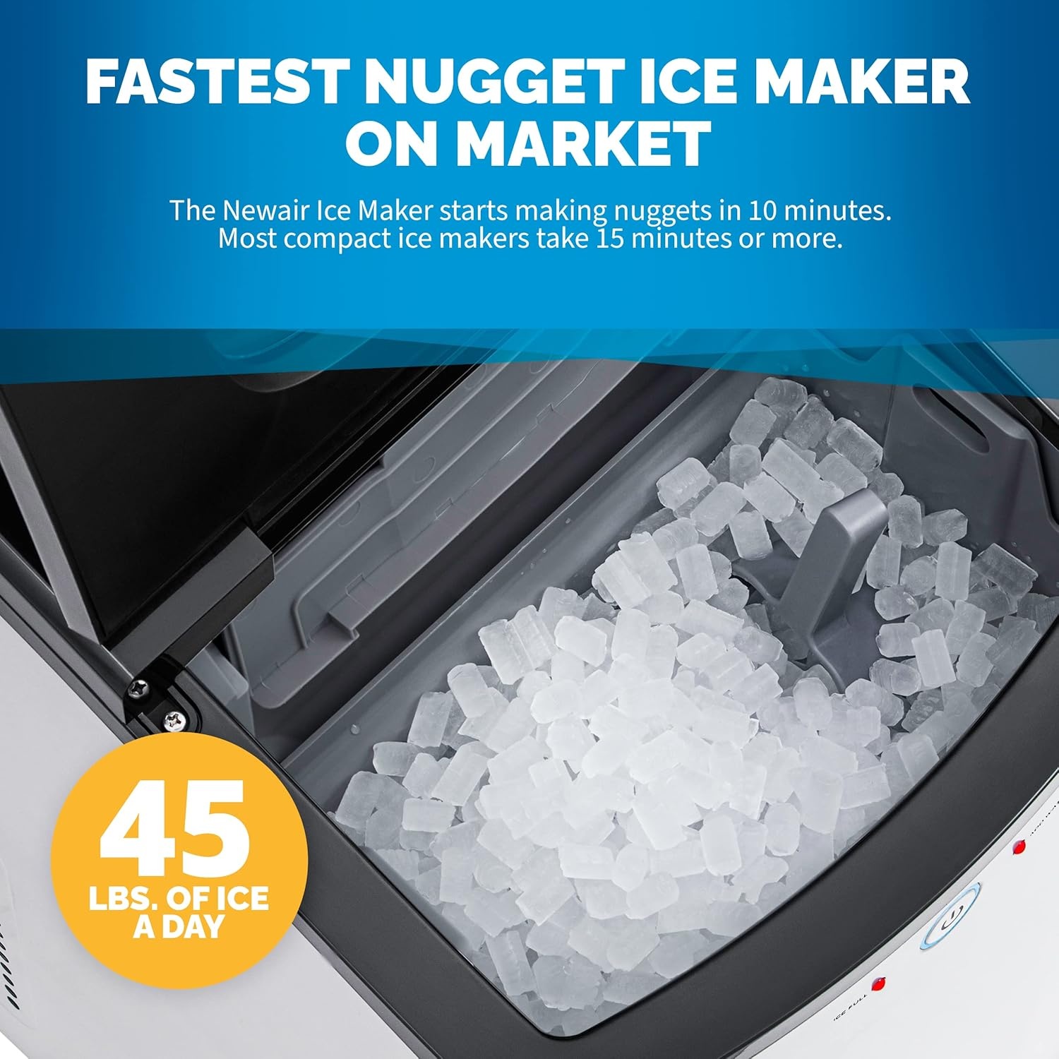 image:imageNewair Nugget Ice Maker Sonic Speed Countertop Crunchy Ice Pellet Machine 45 lbs of Ice a Day Stainless Steel SelfCleaning Function and BPAFree Parts Perfect for Home Kitchen and More